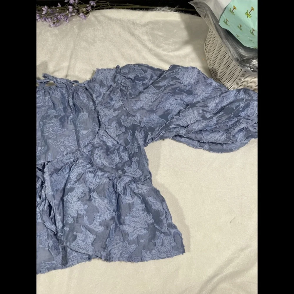 NWT Free People [ Small ] Calli Balloon‎ Sleeve Top in Bluemoon Quartz